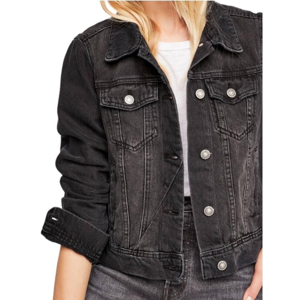Free People Rumors Womens Washed Black Denim Trucker Jacket XS Cropped Cotton
